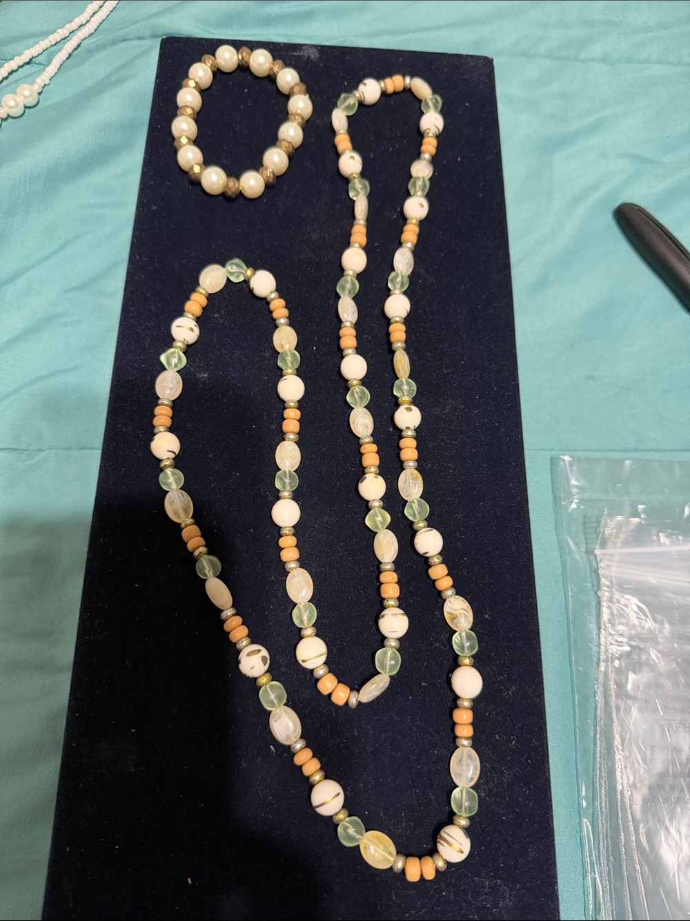 Natural Bead Long Necklace and Bracelet Set in Cream, Green and Tan